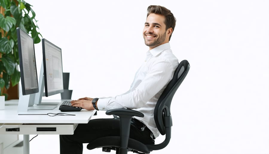 Comfortable employee working productively at an ergonomic workstation