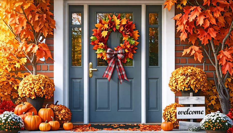 Fall wreath on a front door with seasonal accents and a welcome message