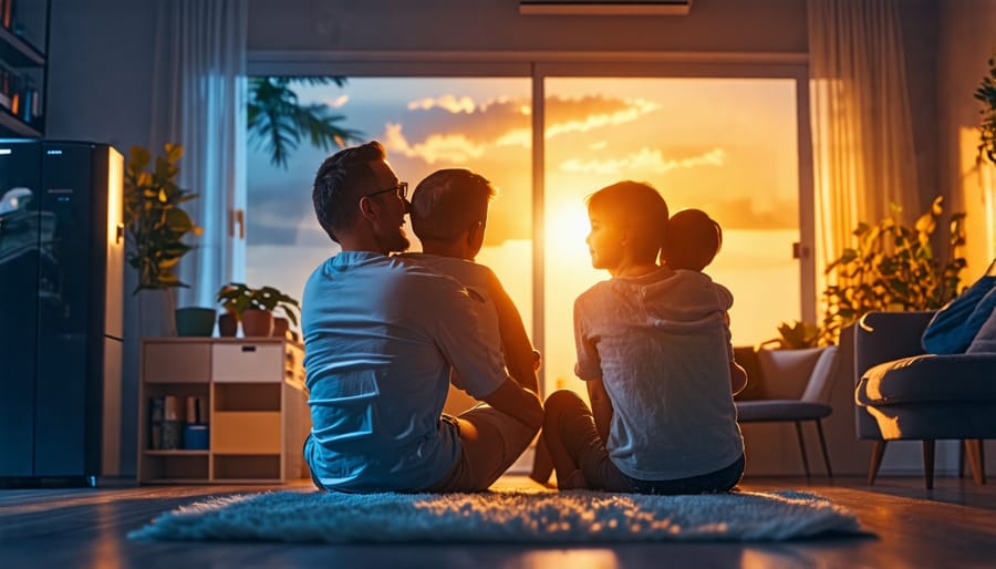 Family benefiting from backup power provided by their home energy storage system during an outage