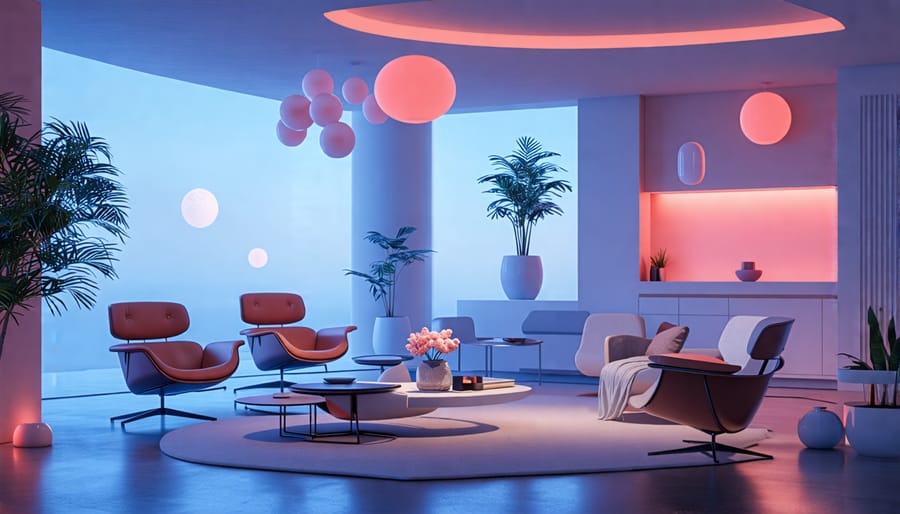 Conceptual interior design of a living space featuring various floating furniture pieces