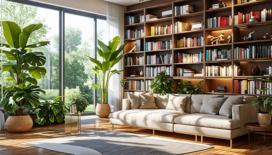 Stylish living room featuring tall, well-stocked bookshelves