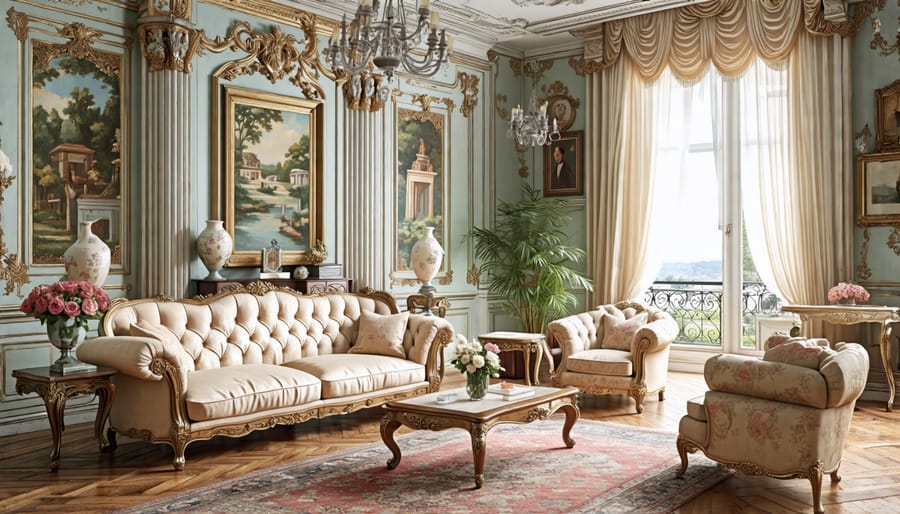 A living room styled with French vintage furniture, featuring ornate wooden pieces and a pastel color palette