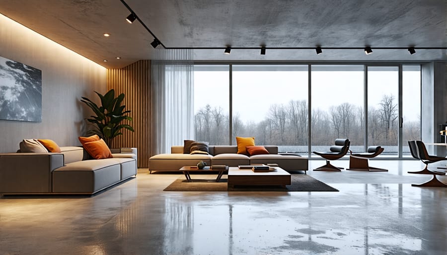 Modern living room interior showcasing polished concrete heated flooring