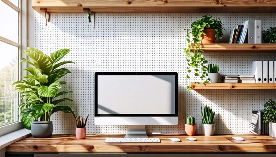 Organized home workspace using wall shelves and pegboard