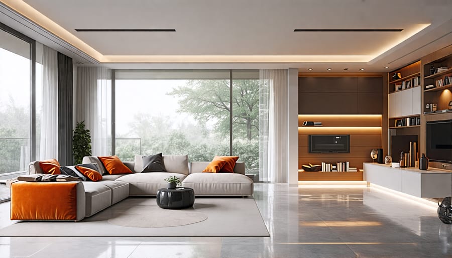 Contemporary living room with seamlessly integrated home automation devices