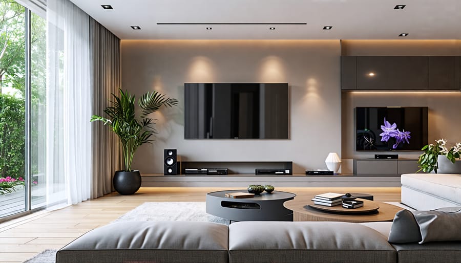 Modern living room showcasing seamlessly integrated smart home technology