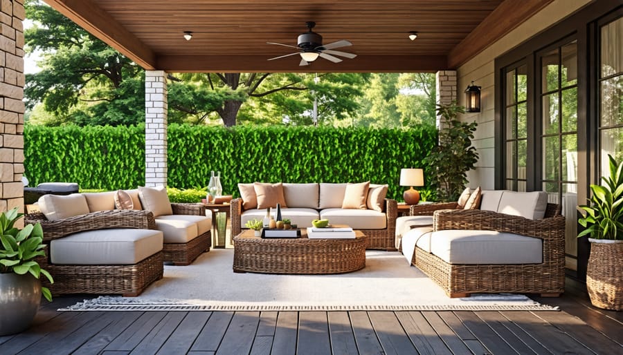 Welcoming outdoor living space with plush furniture and elegant accessories