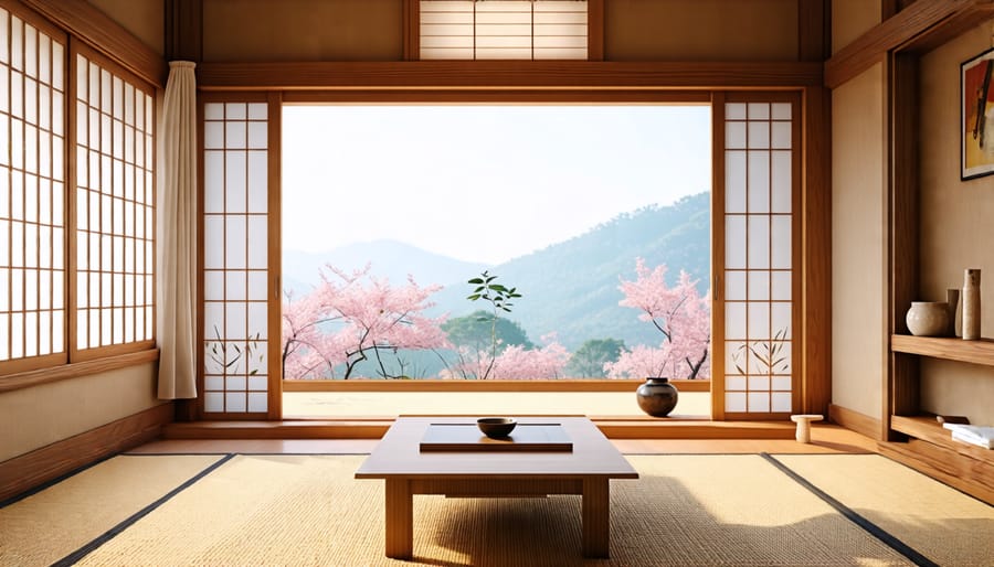 Japanese minimalist living room with natural materials and simple furnishings