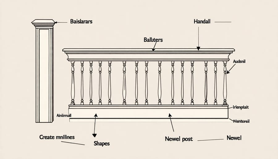 Diagram of stair railing parts with labels: balusters, handrail, newel post