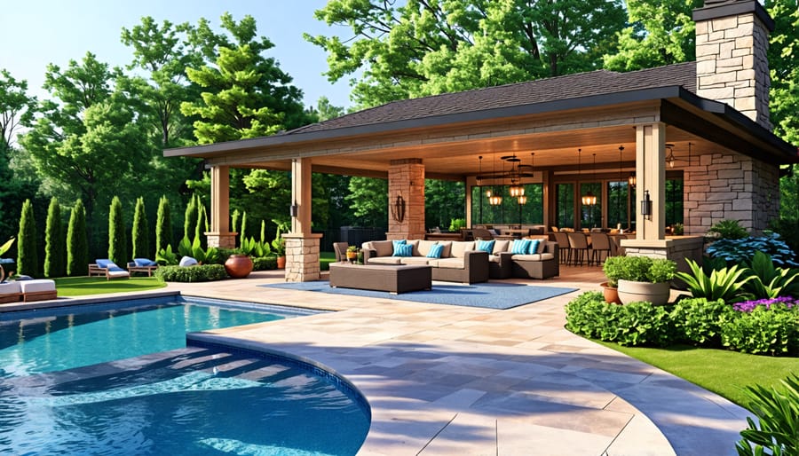 Luxurious backyard oasis with a pool, patio, and lush landscaping