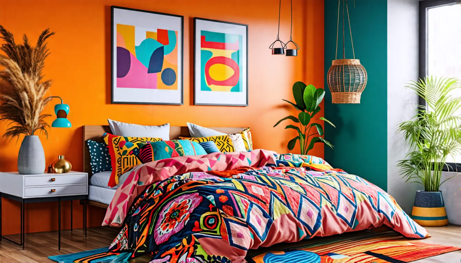 Gen Z bedroom showcasing bold colors, maximalism, and an eclectic gallery wall.