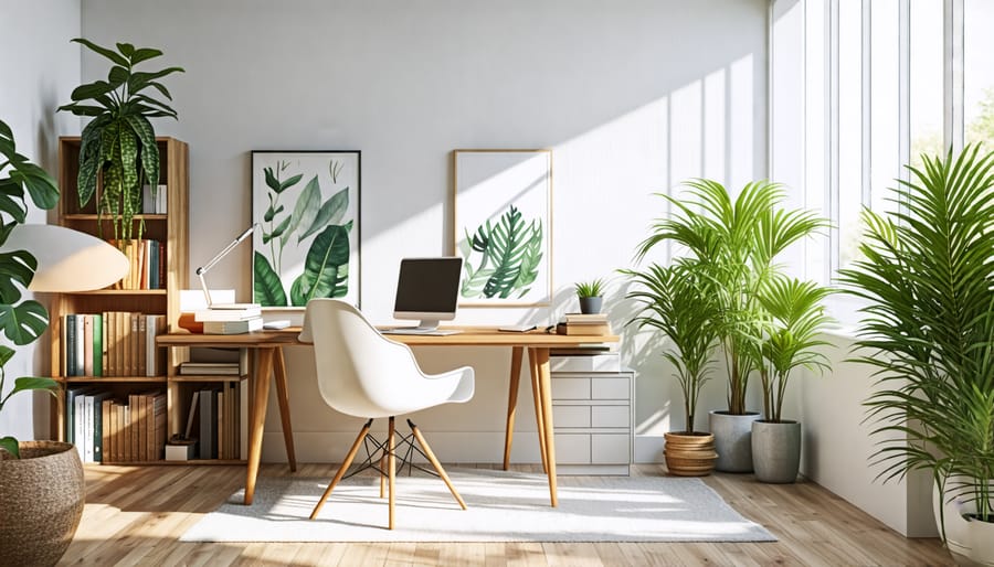 Minimal zen home office featuring clean lines, greenery, and ample natural light