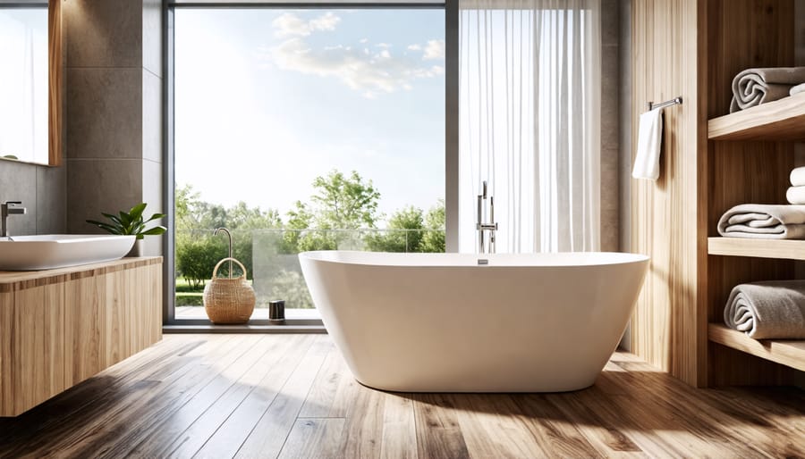 Bathroom interior featuring mixed-width wood plank flooring and modern fixtures