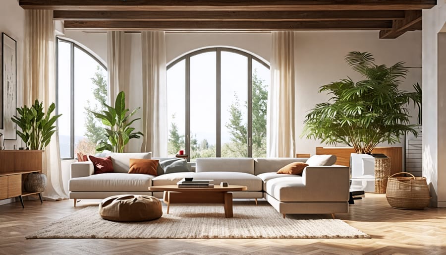 Interior showing a modern living room with a mix of contemporary furniture and French vintage decor