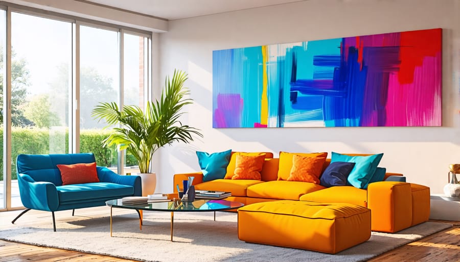 Modern living room showcasing abstract artwork and minimalist interior design