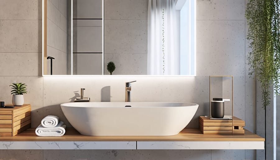 Contemporary bathroom featuring smart technologies like touchless faucets and smart LED lighting