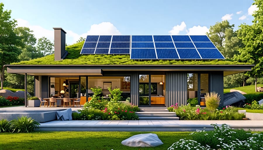 Exterior view of a contemporary sustainable home featuring eco-friendly design elements