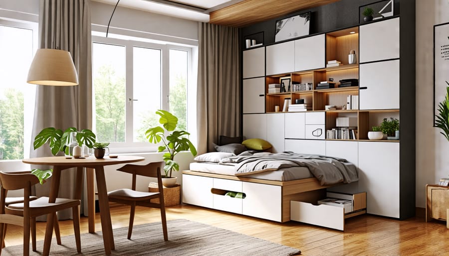 A modern small apartment featuring a bed with storage drawers and an expandable dining table, showcasing multi-functional furniture solutions.