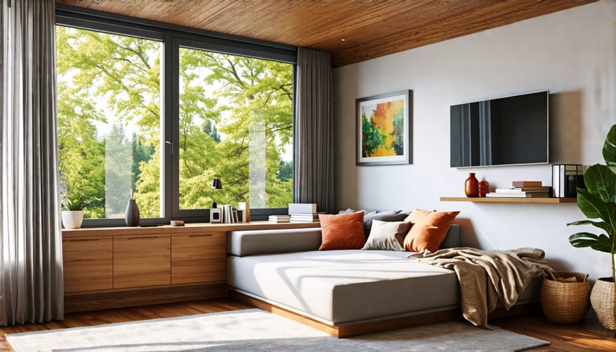 Living room with convertible furniture including a sofa bed and a wall-mounted desk.