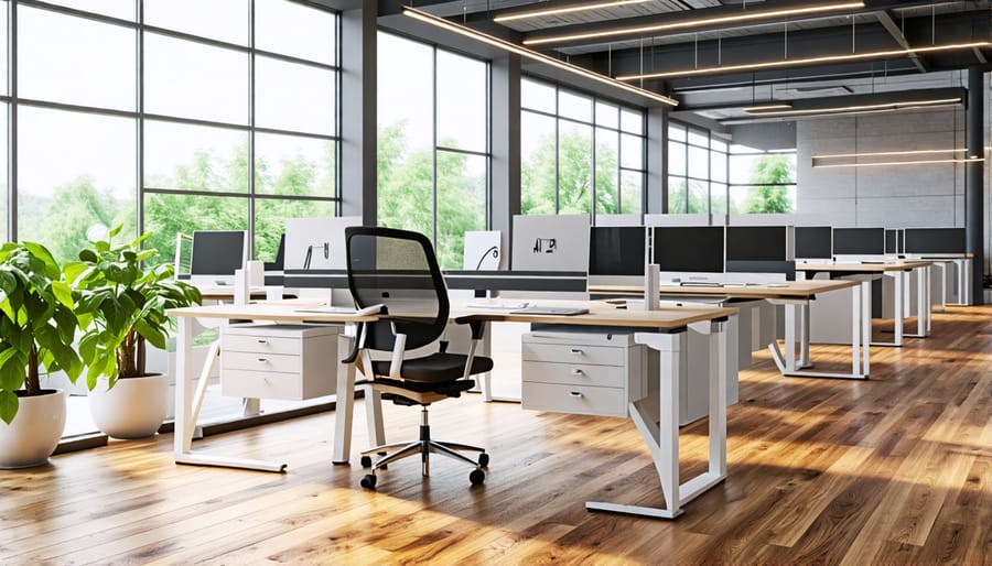 Office space with multifunctional furniture including adjustable height desks and storage solutions.