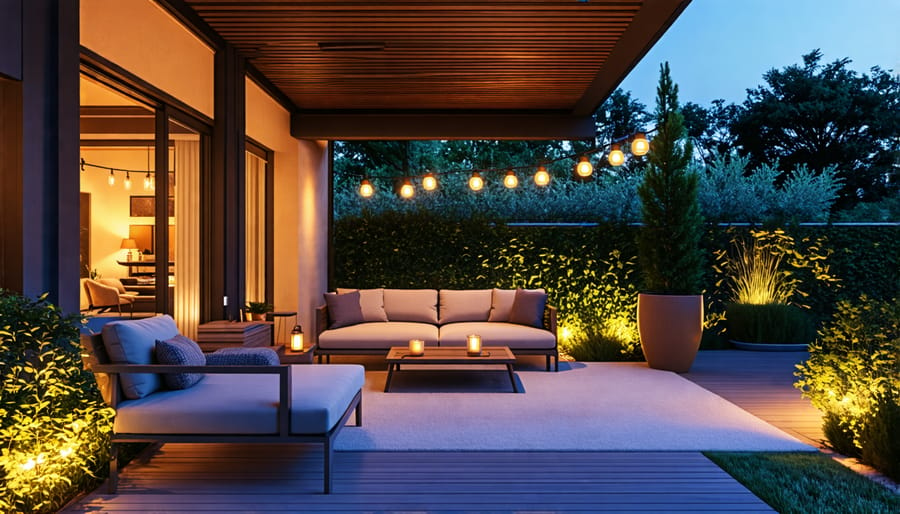 Stylish and durable outdoor furniture setup with ambient lighting, displaying comfort and functionality.