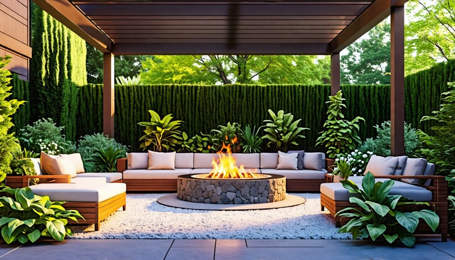 An outdoor space with a focal fire pit and balanced arrangement of seating and plants.