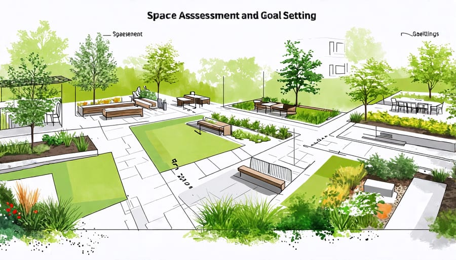 Diagram illustrating various outdoor zones for different purposes, demonstrating space assessment and planning.