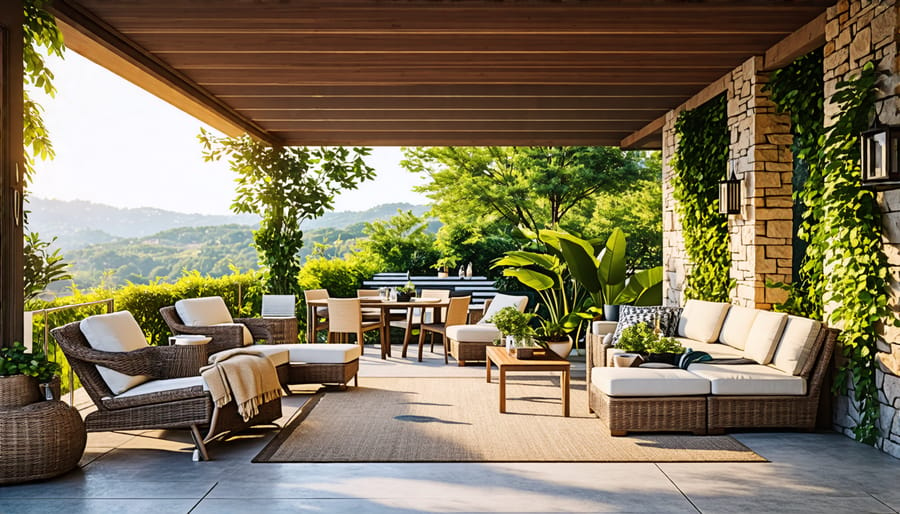 A patio area with a dining set, loungers, and sectional sofas to show different layout options