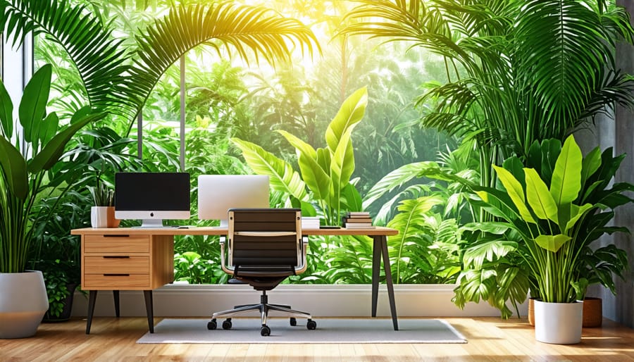 Home office enhanced with green plants and natural light for a serene feel