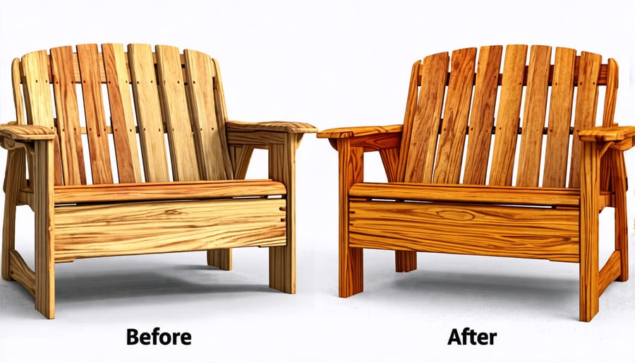 Side-by-side images showing the transformation of faded polywood furniture to its vibrant restored state