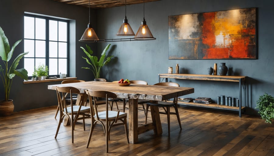 Charming dining room featuring a reclaimed wood table and eclectic decor