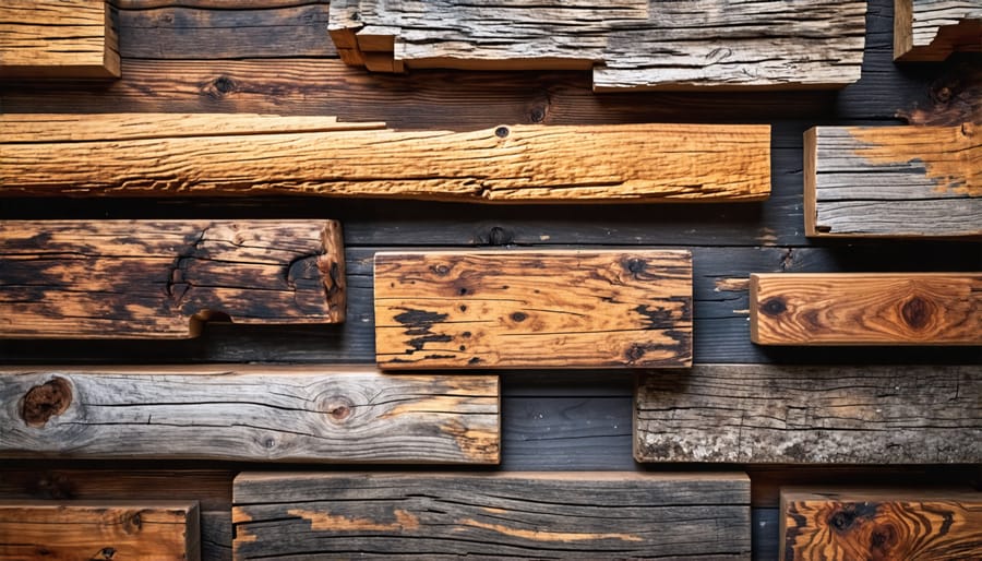 Assortment of weathered wood boards, pallets and barn wood planks for upcycling