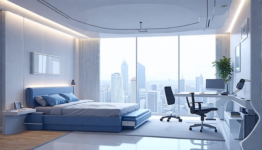 Robotic furniture in a bedroom adapting from sleep mode to work mode.