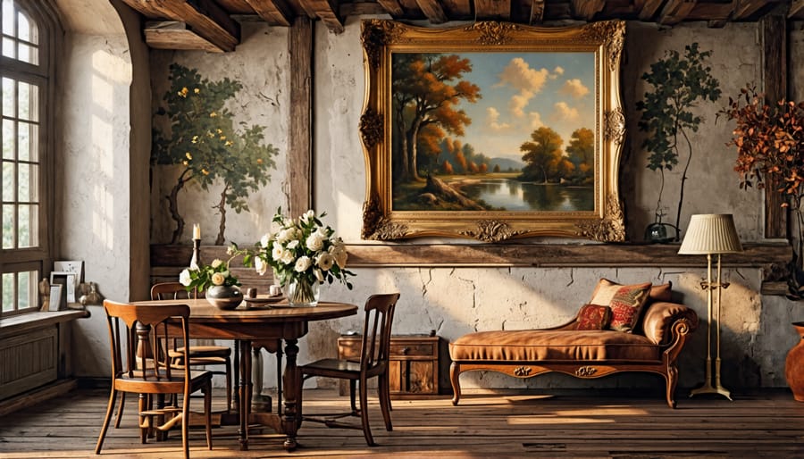 Rustic interior with vintage paintings and traditional decor elements