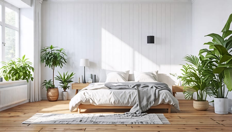 Scandinavian minimalist bedroom with light colors and organic textures