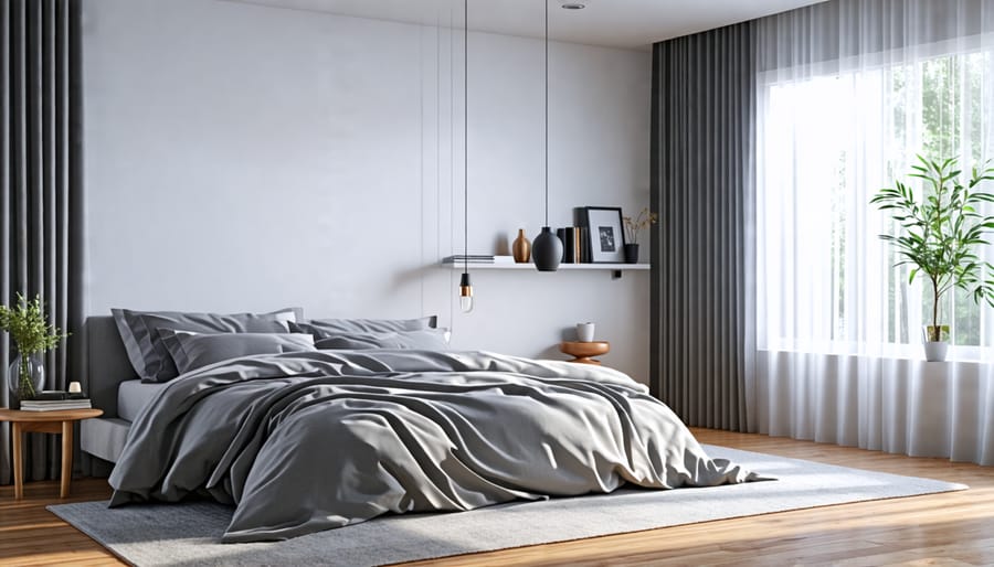 Calming grey bedroom with layered shades and textures