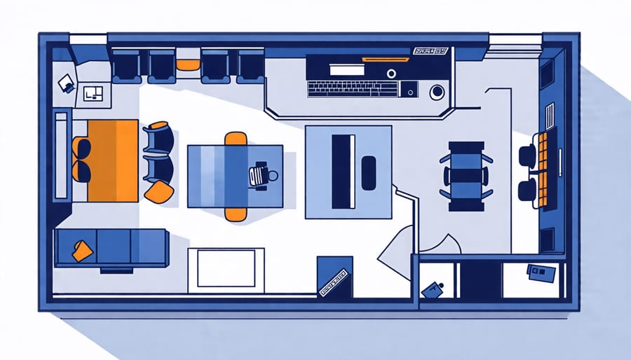 Illustration showing a floor plan of a small office with efficient storage and technology placement