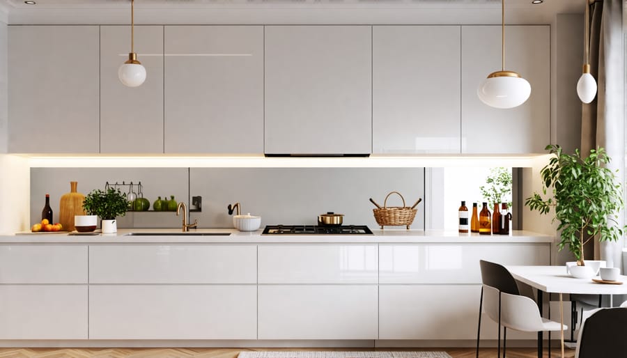 Bright and inviting small white kitchen with strategic lighting and a mirror backsplash