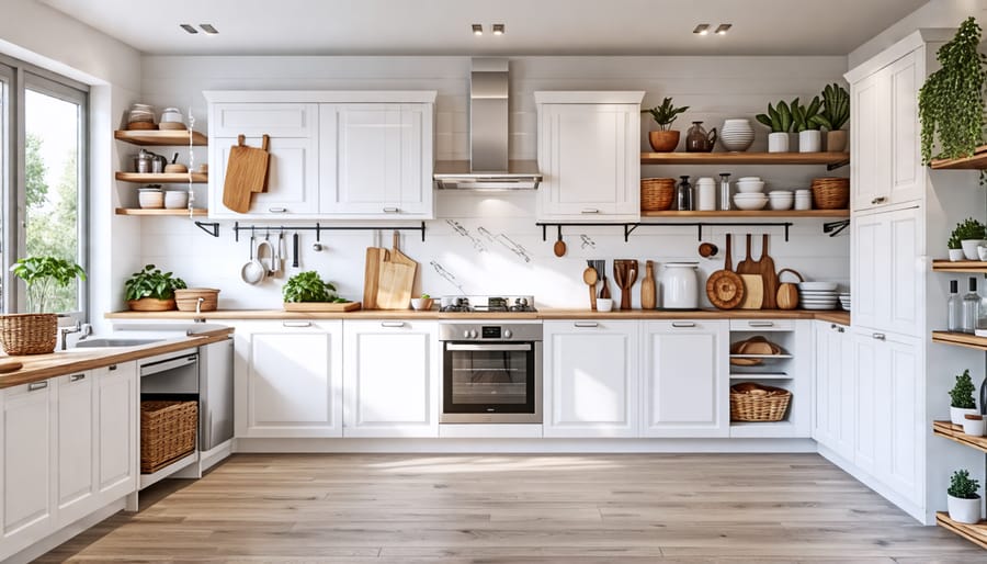 Maximized storage in a small white kitchen using smart cabinetry solutions