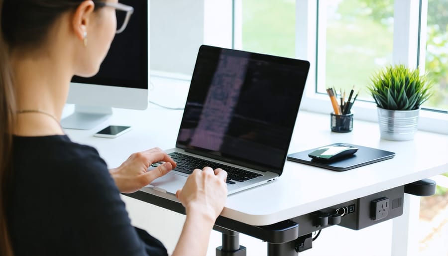 Hi-tech adjustable height desk with integrated power and wireless charging