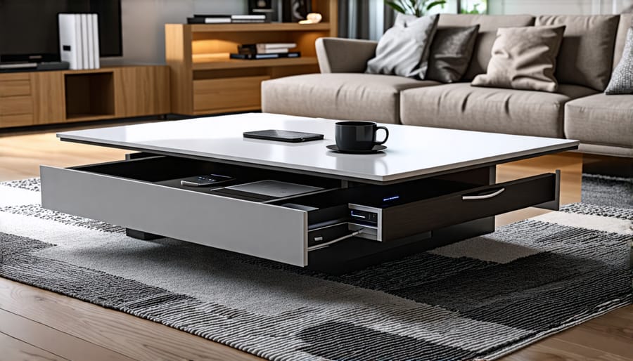 Smart coffee table with charging features and storage options.