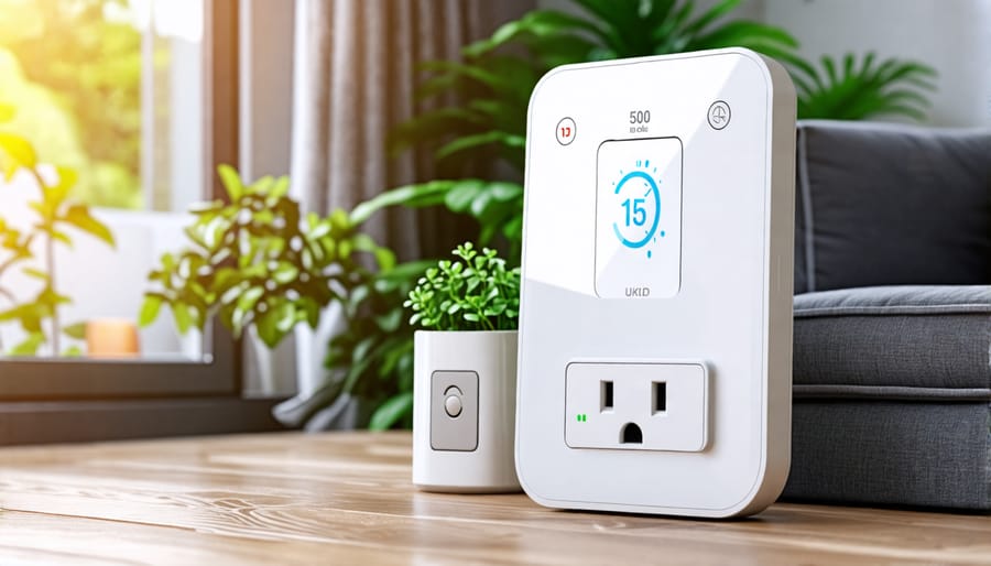 Various smart home energy-saving devices including thermostat, smart bulbs, and plugs