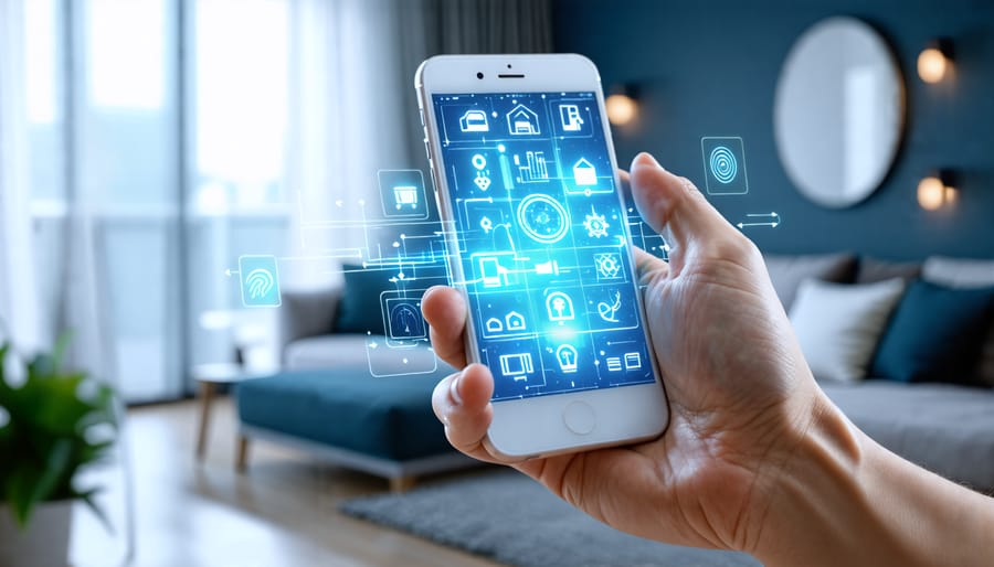 Hand using smartphone to control integrated smart home features