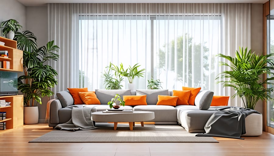 A modern living room featuring smart home technology like smart lighting, security cameras, and a smart thermostat