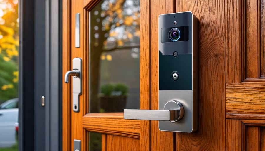 Modern smart lock and doorbell on a residential front door