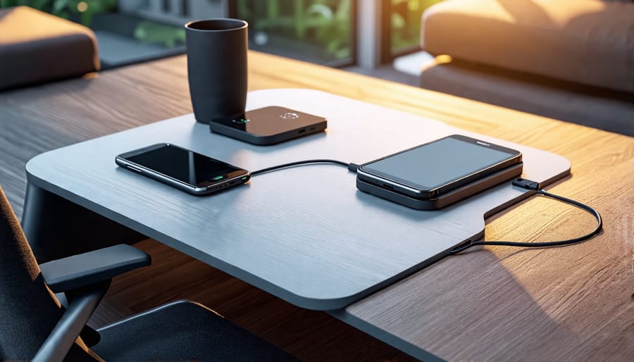 A smart table equipped with an integrated charging station and Bluetooth speakers