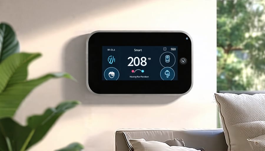 Smart thermostat controlling home temperature in a living room setting