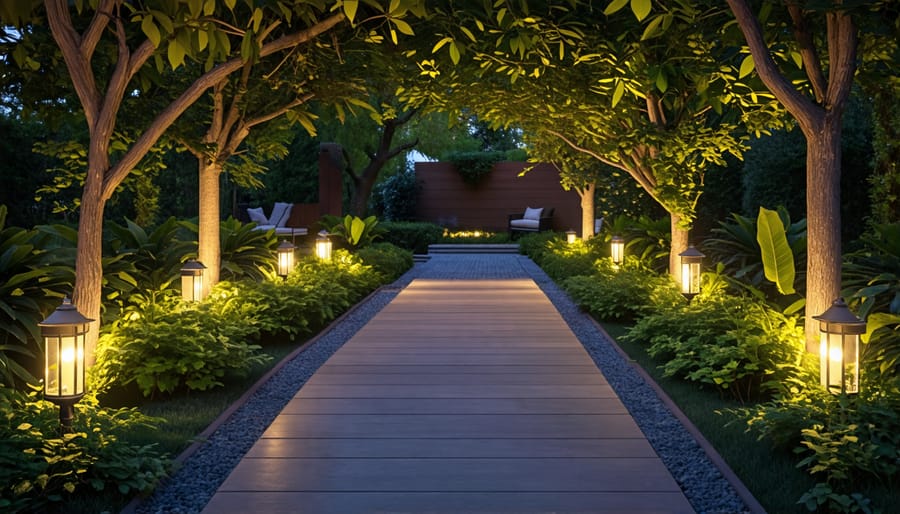 Garden pathway illuminated by solar lights at night