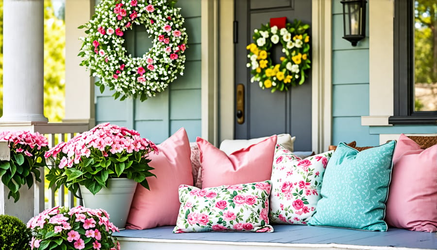 Spring decor on a front porch including a floral wreath and pastel accents