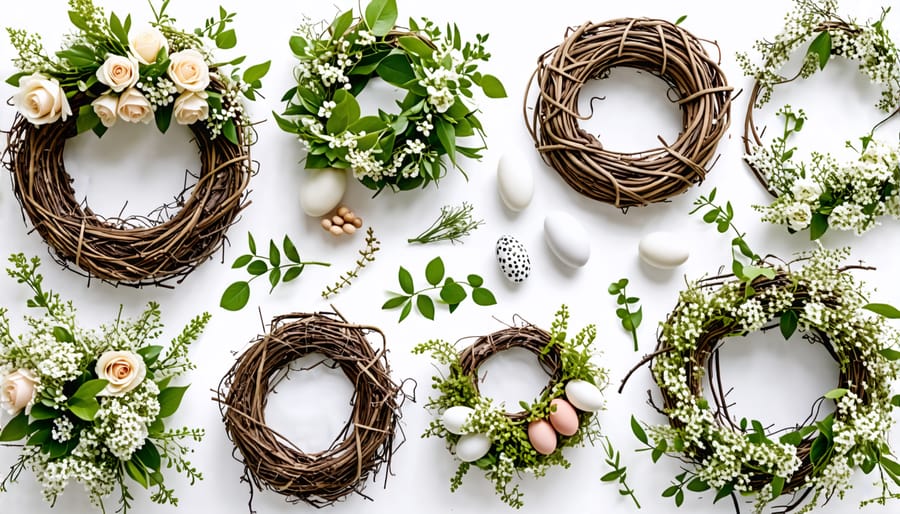 Assortment of materials and embellishments used to make a spring wreath